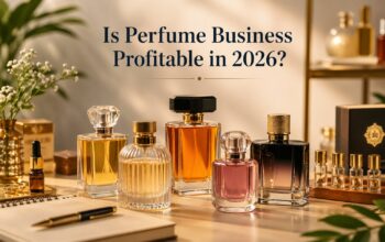 Perfume startup concept with bottles, packaging.