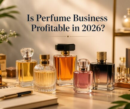 Perfume startup concept with bottles, packaging.