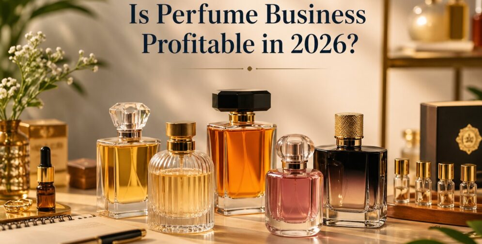 Perfume startup concept with bottles, packaging.